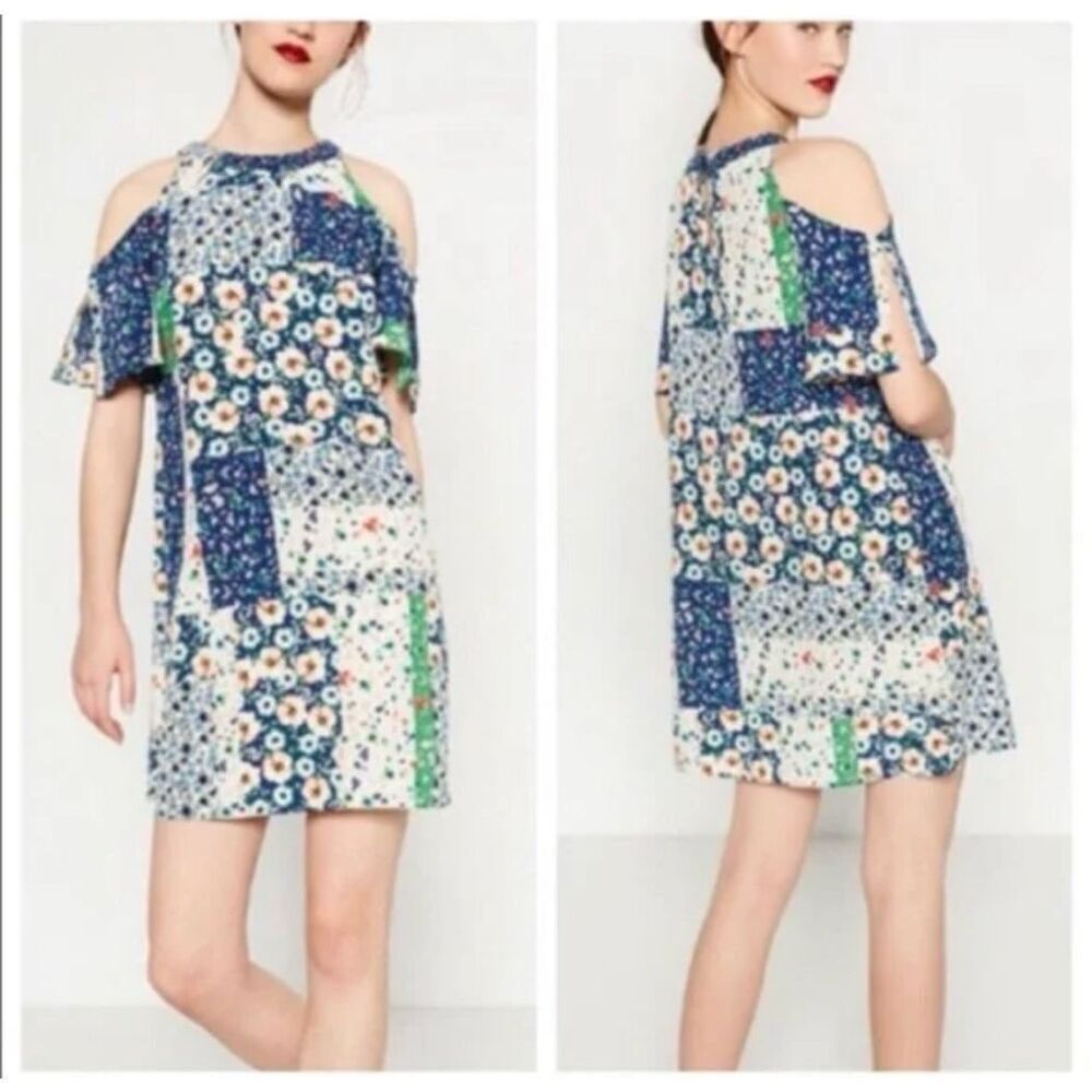 Zara Blue Floral Patchwork Cold Shoulder Boho Festival Dress sz XS EUC